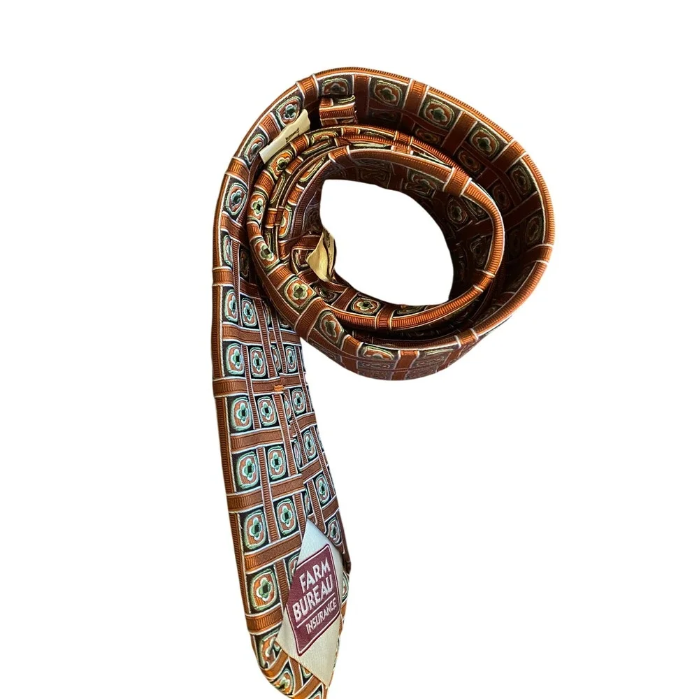 Kinkade's Fine‎ Clothing Mens Silk Tie Orange Green Geometric Farm Bureau Ins.